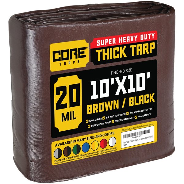 Core Tarps 10 ft L x 0.5 mm H x 10 ft W Heavy Duty 20 Mil Tarp, Brown/Black, Polyethylene CT-702-10X10